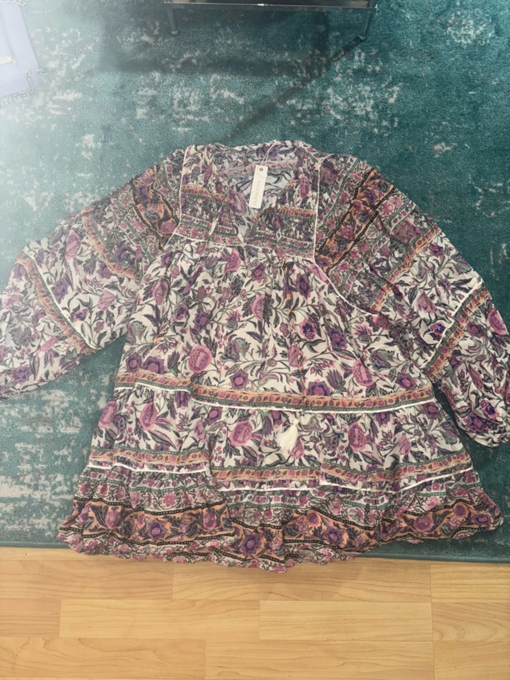 Olivaceous long sleeve boho babydoll mini dress floral tier Medium